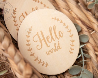 Hello world Disc, Baby shower gift, Photo prop plaque, baby announcement disc, birth announcement disc, wooden discs