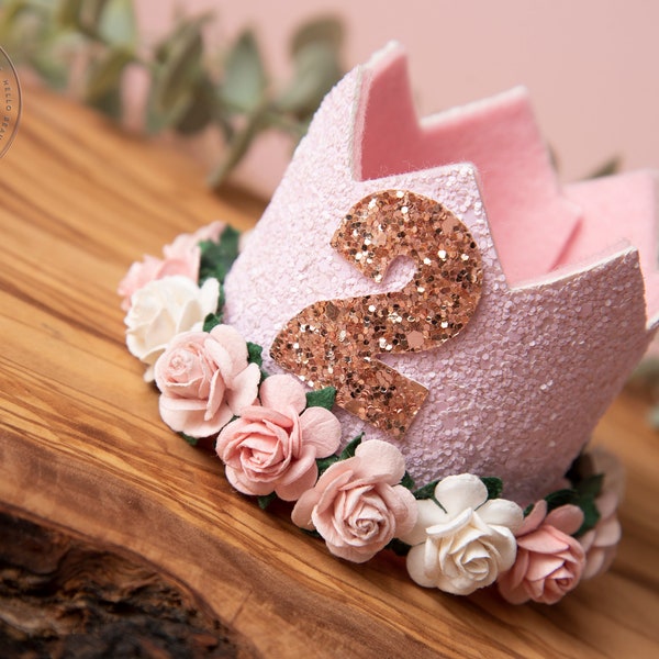 Couronne d'anniversaire rose, couronne du 1er anniversaire, couronne du 2e anniversaire, couronne de gâteau, couronne d'anniversaire, couronne d'anniversaire à paillettes