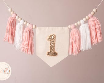 Kinderstoelbanner eerste verjaardag, slinger eerste verjaardag, decoraties eerste verjaardag, slinger met kwastjes, decoratie baby 1e verjaardag