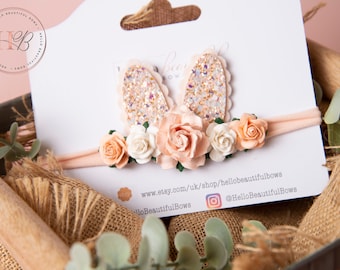 Spring bunny ears headband, Easter bunny headband, peach bunny headband, flower headband