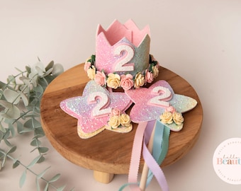 Rainbow birthday crown, Birthday set, birthday wand, birthday badge, 1st birthday crown, 2nd birthday crown, Cake smash crown,