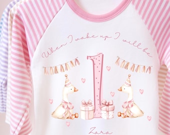 Girls First Birthday Pyjamas, One Silly Goose Birthday PJs, First Birthday Outfit, Girls personalised birthday pyjamas, pink pyjamas