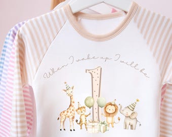 Personalised Safari 1st Birthday pyjamas, Baby First Birthday Pyjamas, Jungle Birthday Outfit, boys birthday pyjamas,  Neutral Baby Gift