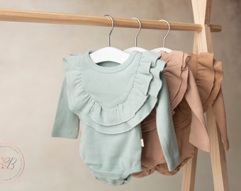 Boho frilly baby grow, organic natural cotton baby bodysuit, ribbed bodysuit, baby shower gift, 0-2 years