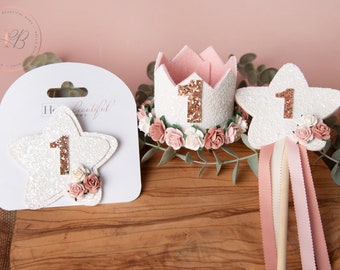Personalised Party Set All Ages Floral Birthday Hat Wand Badge Customised Birthday Party Set Flower Birthday Crown 1st Birthday Crown Set