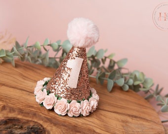 Rose Gold birthday party hat, 1st birthday crown, 2nd birthday crown, Cake smash hat, birthday crown, party hat, first birthday girl,