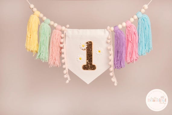 First birthday high chair banner, First birthday bunting, First birthday party decorations, tassel bunting, baby 1st birthday decor