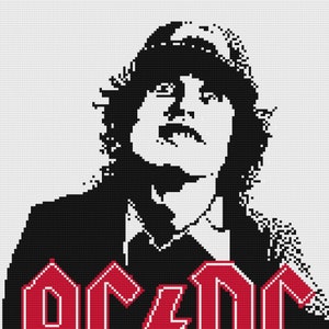 Puede incluir: Imagen de arte de píxeles en blanco y negro de una persona con el pelo largo y una chaqueta negra. La persona está mirando hacia arriba. El texto "AC/DC" está en letras rojas debajo de la persona.