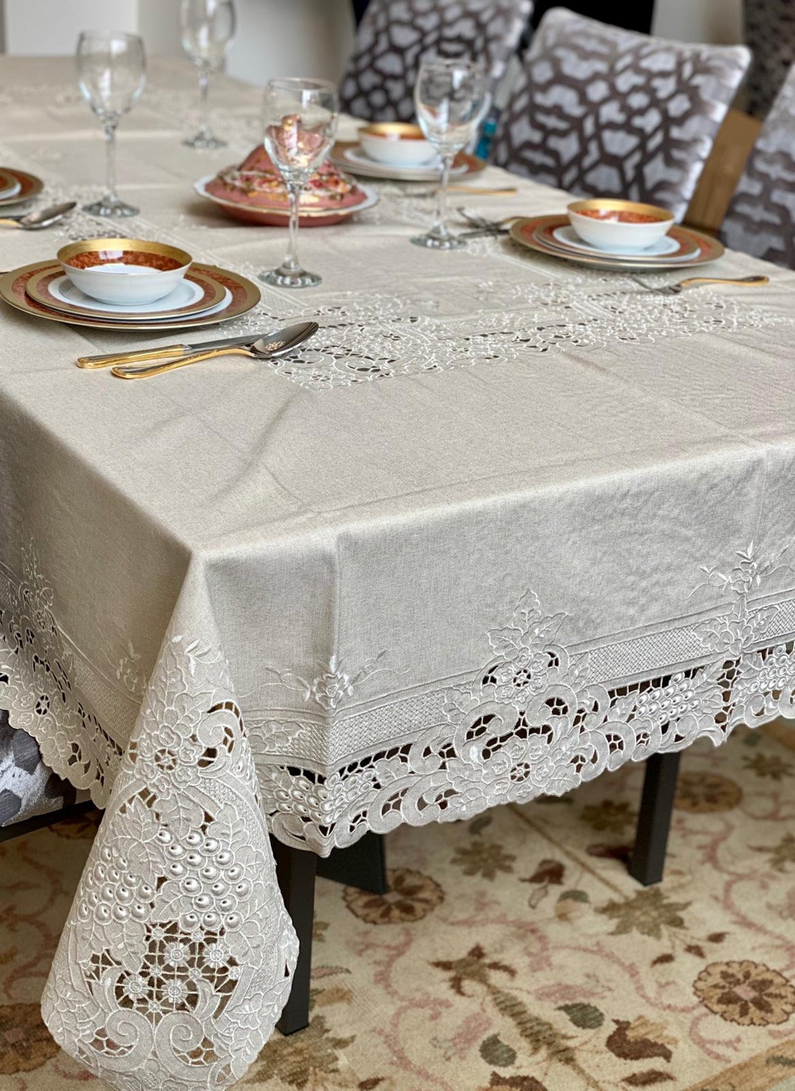 Linen tablecloth. Handmade. Stain repellent. Grape patterned. Etsy
