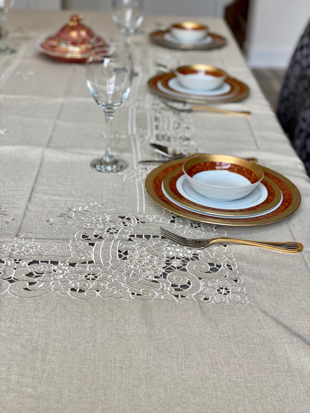 Linen tablecloth. Handmade. Stain repellent. Grape patterned. Etsy