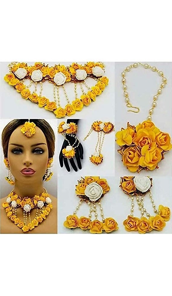 Handmade Yellow Floral Jewelry Set Necklace Maang Tikka Earrings