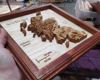 Carte Topographique 3D De L'Écosse En Bois Sculpté Chêne Massif - Art Mural Décoratif