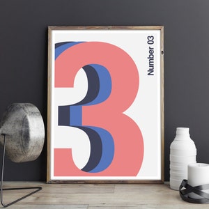 Number 3 Poster, March Calendar, Digital Print, Instant Download, Printable art, Typography art, Trendy Wall Art, Mid-century Modern