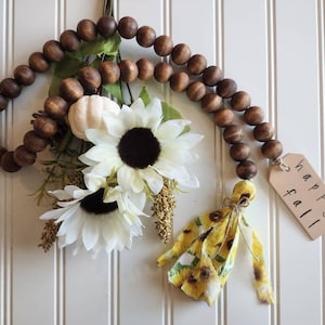 36&quot; Hand-Painted Wood Bead Garland, Sunflower Rag Tassel | Sunflowers | Fall Wood Tag | Wood Beads | Farmhouse | Country | Tiered Tray Decor