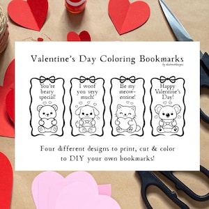 May include: Valentine's Day coloring bookmarks with four designs featuring a bear, dog, cat, and koala. Each holds a heart and has a Valentine's Day message. Includes scissors, red paper hearts, and twine.
