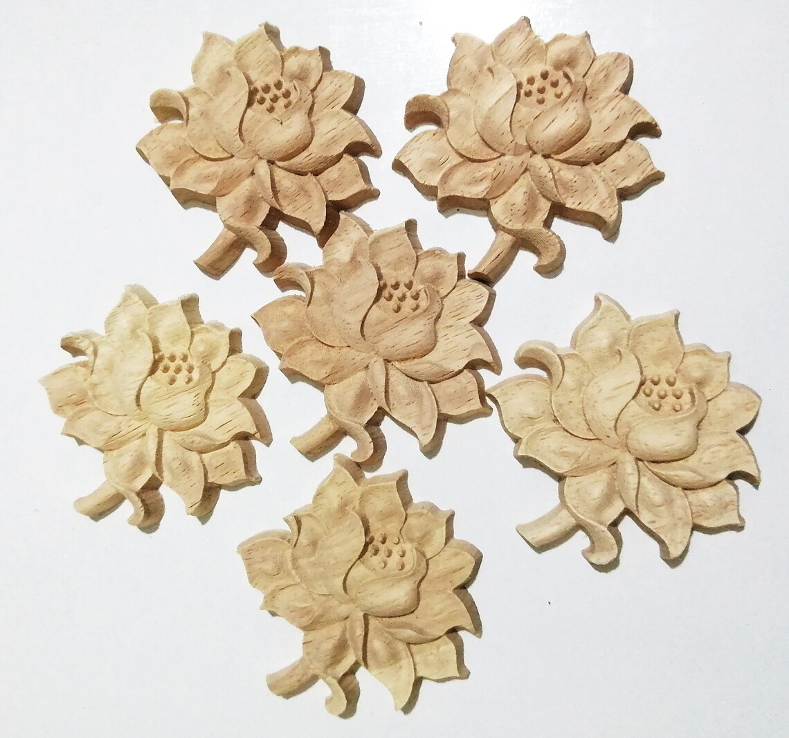 6 pc Flower Wood Applique Onlay Shabby Chic Wood Carved Etsy