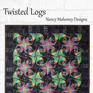 May include: A quilt pattern called "Twisted Logs" by Nancy Mahoney Designs. The quilt is made of black fabric with colorful swirls and stars. The quilt can be made into a candle mat, table topper, or wall quilt.