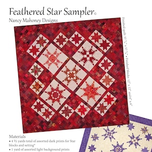 May include: A quilting pattern for a Feathered Star Sampler quilt. The pattern includes instructions for making a quilt with red and white blocks, and a purple and white border. The finished quilt measures 57 inches by 57 inches.