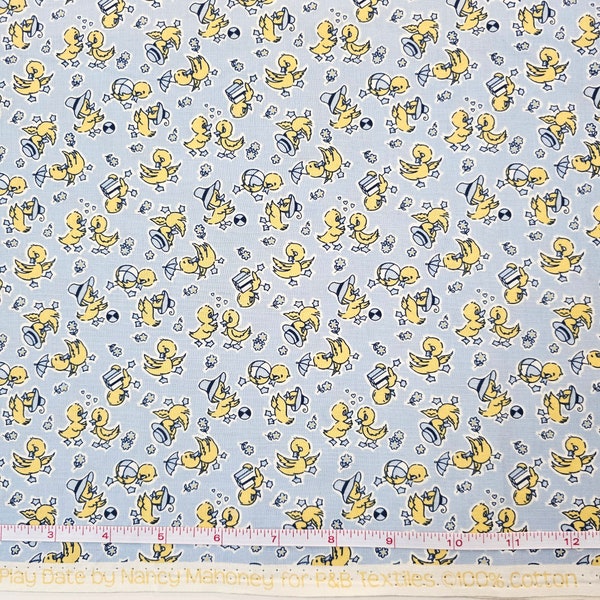 Play Date by Nancy Mahoney for P & B Textiles, Price per yard, Blue and yellow ducks, 100% cotton quilting fabric, 1930s Reproduction print