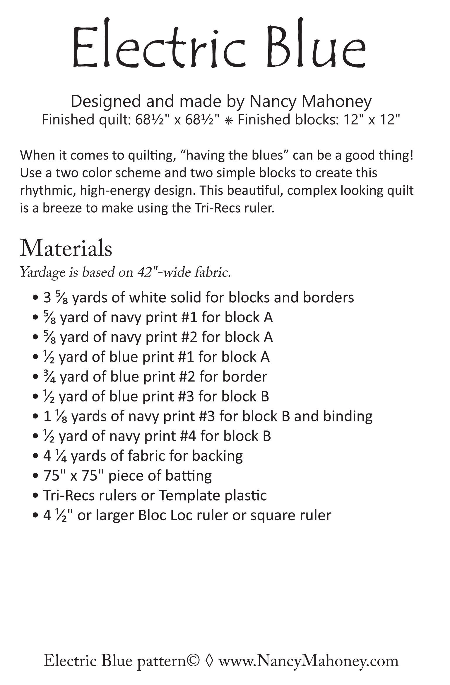 Electric Blue Quilt Pattern paper Copy Etsy