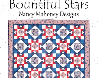 May include: A quilt titled Bountiful Stars by Nancy Mahoney Designs featuring a repeating pattern of red, white, and blue star blocks. The design includes fabric squares with American flag motifs and a border of waving flag patterns in red, white, and blue.