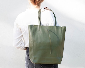 Leather shopper in green, large handbag, leather shoulder bag, large pouch bag, shopping bag, leather shoulder bag, gift for her