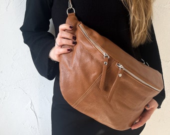 XXL Bauchtasche aus Leder cognac, Große Bauchtasche braun, Fanny Pack, Crossbody Tasche mit viel Platz, Gürteltasche, Geschenk für sie