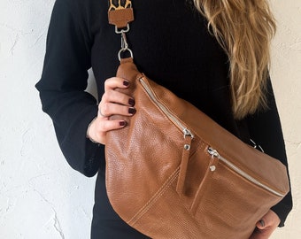 XXL heuptasje van leer cognac, grote heuptas bruin, heuptasje, crossbody tas met veel ruimte, heuptasje, cadeau voor haar