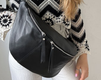 Grote zwarte leren heuptas, donker leren crossbody tas, leren schoudertas met veel ruimte, XXL heuptasje, cadeau voor haar