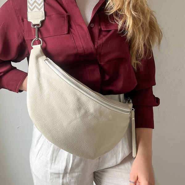 XL leather fanny pack in cream, large fanny pack, fanny pack & crossbody bag nappa leather with plenty of space, fanny pack, gift for her