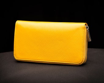 Grand portefeuille jaune, portefeuille en cuir, grand portefeuille, portefeuille, portefeuille avec de nombreux compartiments, pochette, cadeau pour elle