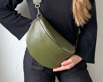 Riñonera de piel verde oliva con correa intercambiable para mujer, bolso bandolera de piel caqui, bolso bandolera grande de piel verde, regalo para ella