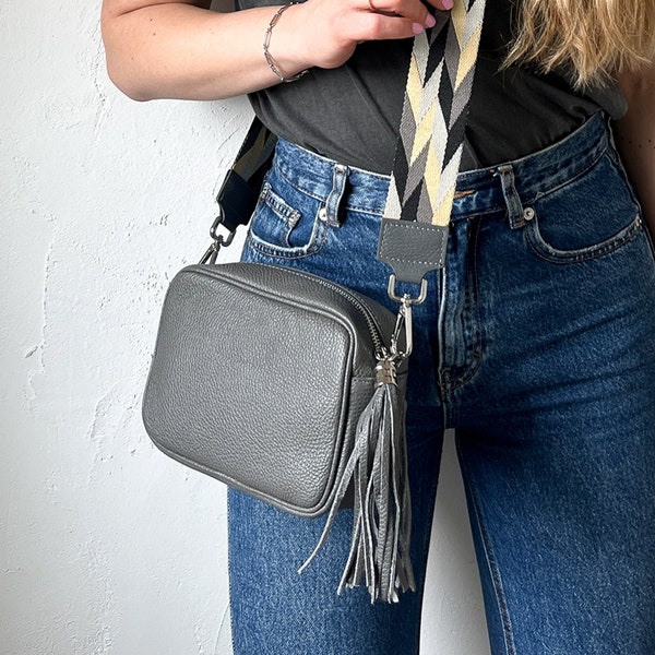 Leather handbag in gray, small shoulder bag with patterned interchangeable strap, leather shoulder bag, crossbody bag with changeable strap