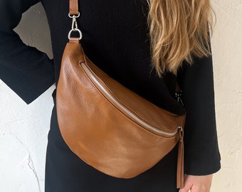 XL Bauchtasche aus Leder cognac mit Gurt, Große Bauchtasche braun, Fanny Pack & Crossbody Tasche aus Leder mit viel Platz, Geschenk für sie