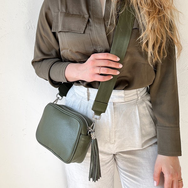 Leather handbag in khaki, small shoulder bag with patterned interchangeable strap, leather shoulder bag, crossbody bag with changeable strap