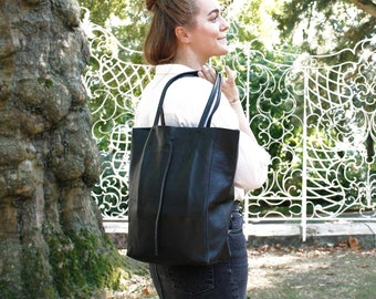 Leather shopper black, large handbag, leather shoulder bag, large pouch bag, shopping bag, leather shoulder bag, leather purse, gift for her