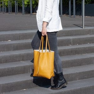 Leather shopper yellow, large handbag, leather shoulder bag, large pouch bag, shopping bag, leather shoulder bag, gift for her image 1