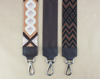 Brown leather & cloth bag strap, wide bag strap, interchangeable strap, patterned bag strap, personalized crossbody strap, gift girlfriend