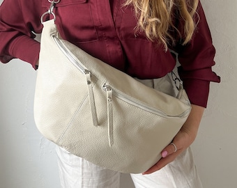 XXL leather fanny pack cream, Large fanny pack, nappa leather fanny pack & crossbody bag with lots of space, fanny pack, gift for her