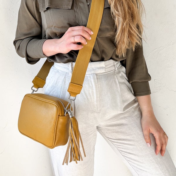 Leather handbag in yellow, small shoulder bag with patterned changeable strap, leather shoulder bag, crossbody bag with changeable strap