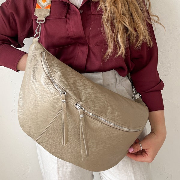 XXL leather fanny pack in taupe, large fanny pack and nappa leather crossbody bag with plenty of space, fanny pack, gift for her