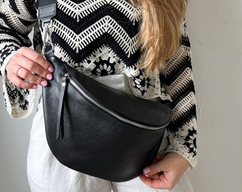 XL zwart lederen heuptas, grote donkere heuptas, heuptasje, crossbody leren tas met veel ruimte, riemtas, cadeau voor haar