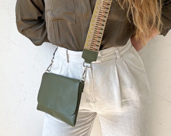 Green leather bag, leather shoulder bag, blue clutch, blue crossbody bag, small handbag with bag strap, bag with interchangeable strap