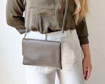 Brown leather bag, leather shoulder bag, blue clutch, blue crossbody bag, small handbag with bag strap, bag with interchangeable strap