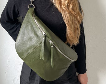 Khaki green leather fanny pack with 2 straps for women, leather belt + patterned interchangeable belt, leather crossbody bag, bag with belt