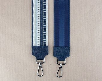 Blue leather & cloth bag strap, wide bag strap, interchangeable strap, patterned bag strap, personalized crossbody strap, gift girlfriend