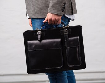 15 " Schwarz Kuriertasche Leder Schulranzen Hält Akten Laptop Tasche