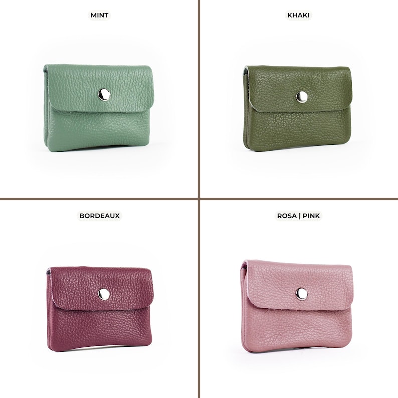 four different colors of leather purses
