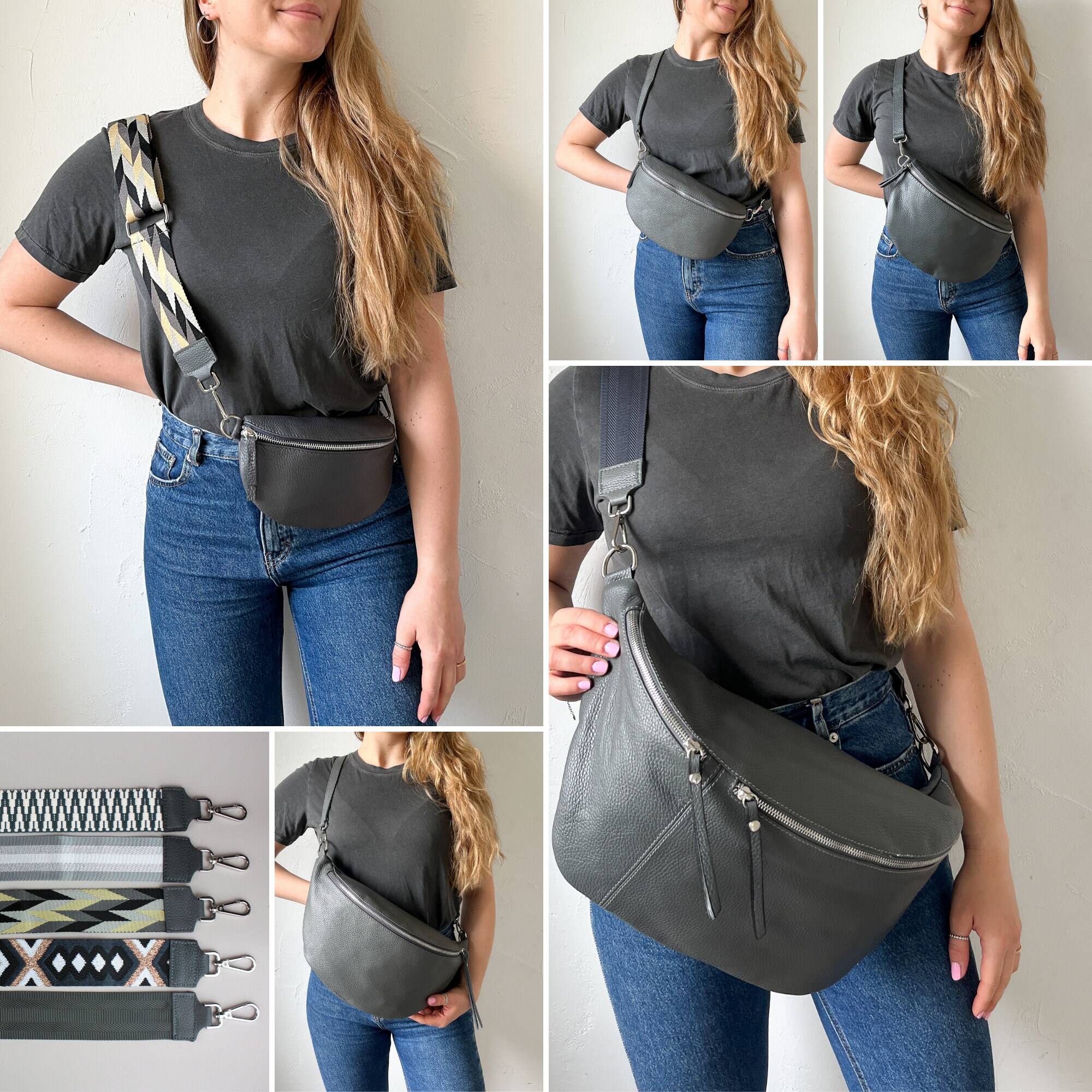 Gray Leather Fanny Pack With 2 Straps for Women Leather Belt   Etsy