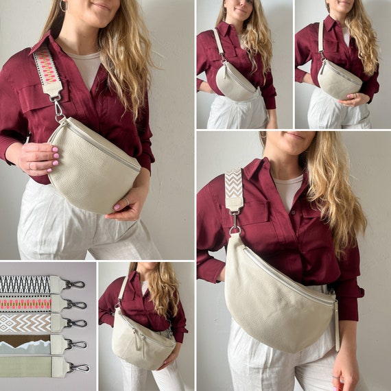 Cream Leather Fanny Pack With 2 Straps for Women Leather Strap